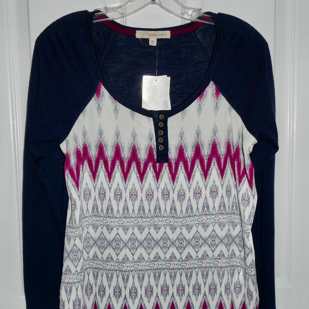 BRAND NEW REWIND NAVY/BURGUNDY/CREAM PATTERNED JUNIORS SHIRT - SIZE MEDIUM